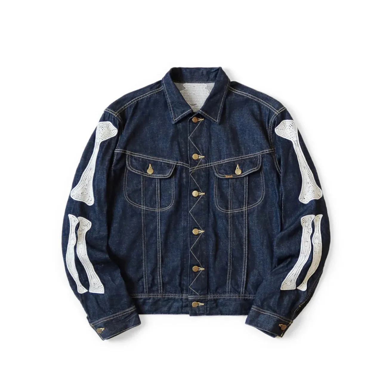 Japanese Dark Blue Denim Lapel Bone Embroidery Loose Jacket