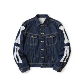 Japanese Dark Blue Denim Lapel Bone Embroidery Loose Jacket