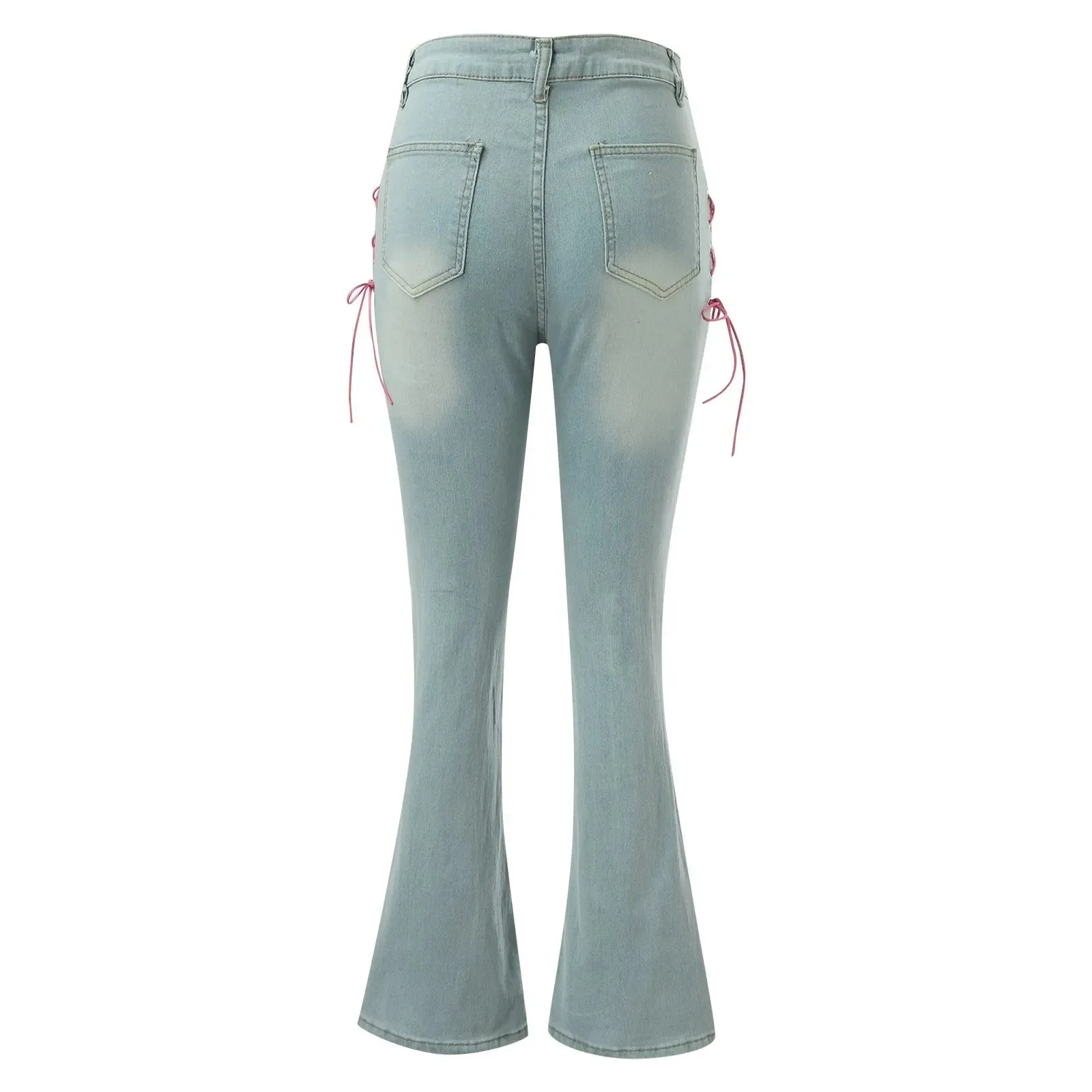 Jeans Long Fashion Korean Style Pink Drawstring Bandage Flare High Waist Streetwear Slits Denim E-girl Pants