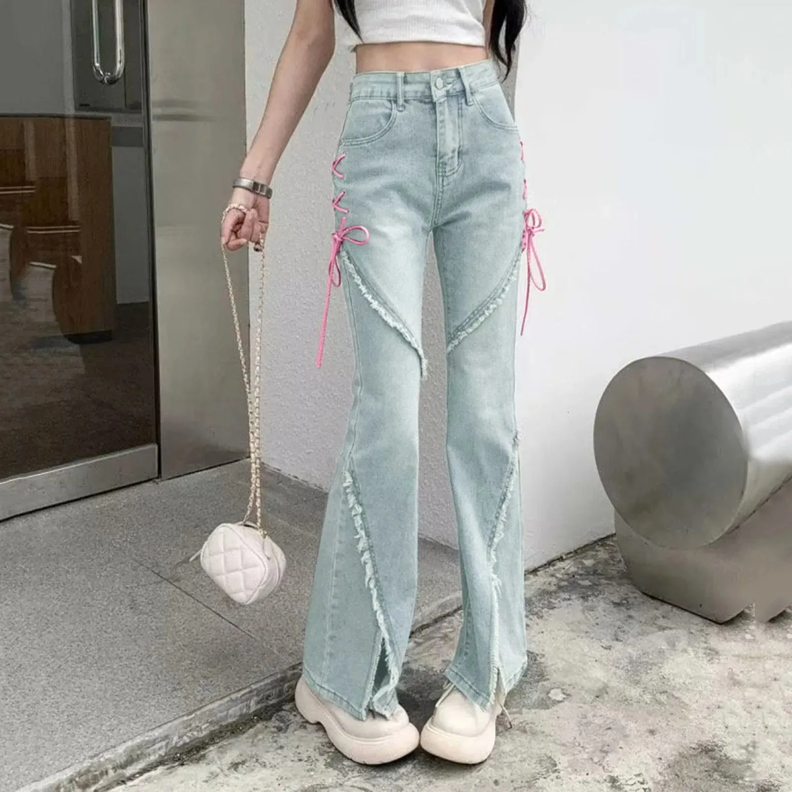 Jeans Long Fashion Korean Style Pink Drawstring Bandage Flare High Waist Streetwear Slits Denim E-girl Pants