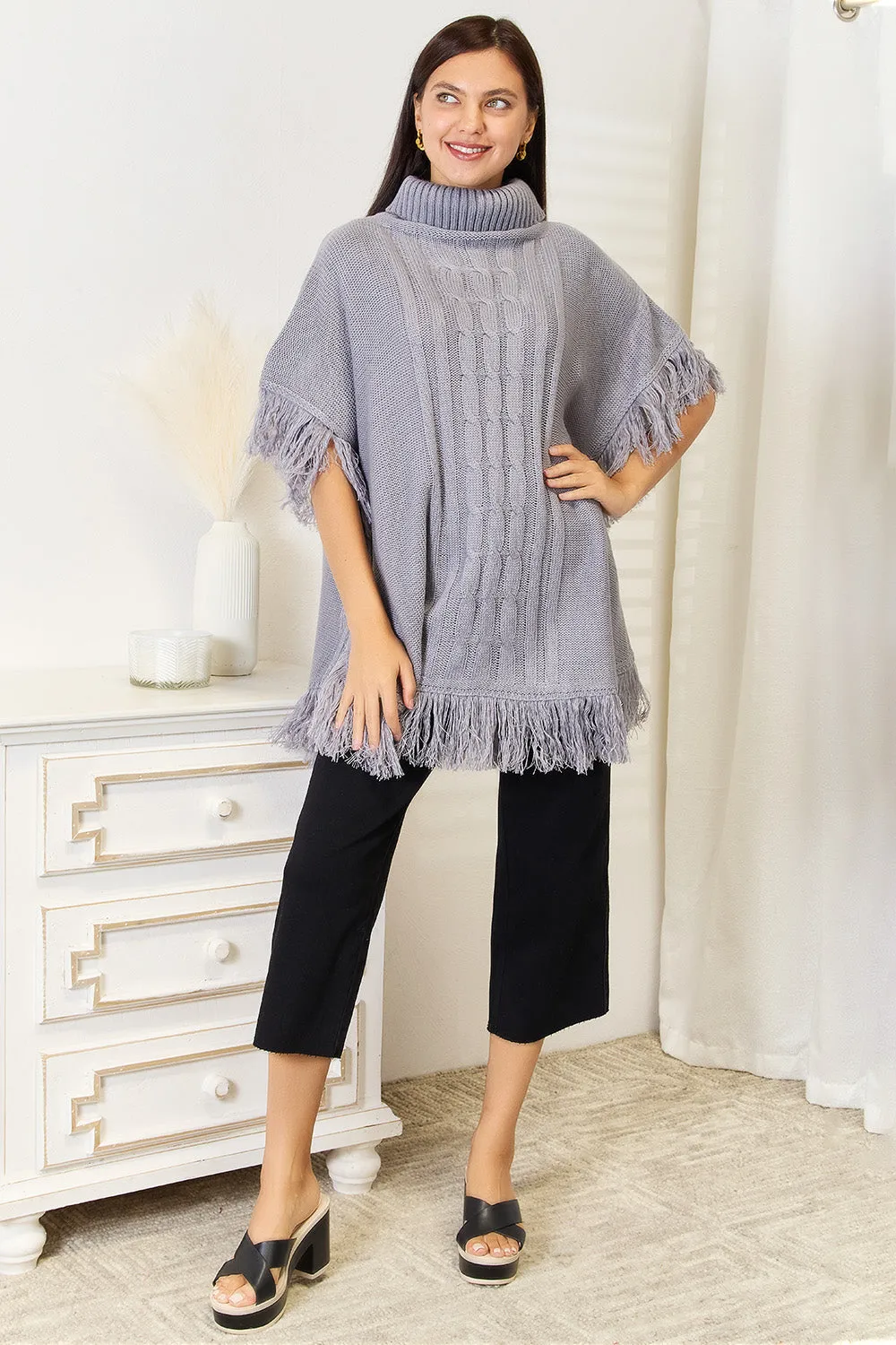 Justin Taylor Turtle Neck Fringe Poncho