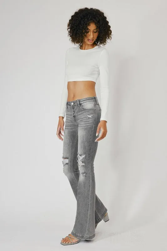 KanCan Light Grey Mid Rise Distress Flare Jeans