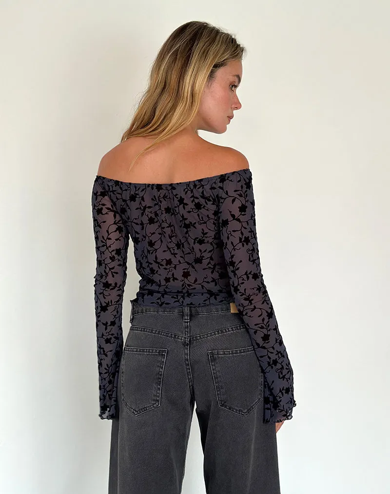 Kareena Long Sleeve Bardot Top in Pretty Petal Flock Navy