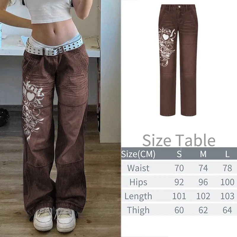 KittenAlarm - New Printed Baggy Y2K Jeans Women's Low Waist jeans Autumn Winter Oversize Wide Leg Baggy Pants Casual Cargo Trousers