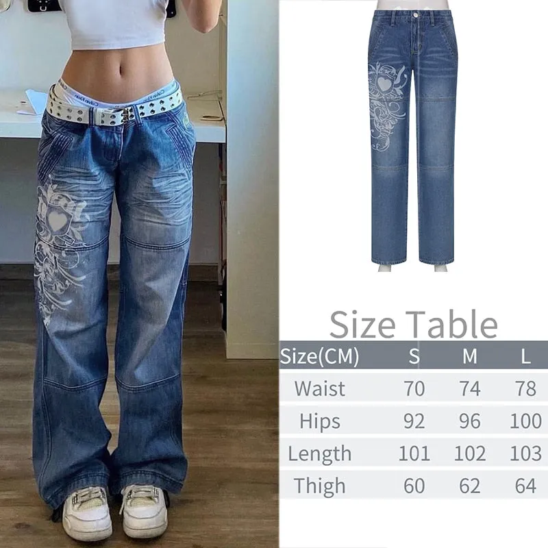 KittenAlarm - New Printed Baggy Y2K Jeans Women's Low Waist jeans Autumn Winter Oversize Wide Leg Baggy Pants Casual Cargo Trousers