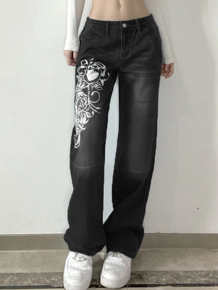 KittenAlarm - New Printed Baggy Y2K Jeans Women's Low Waist jeans Autumn Winter Oversize Wide Leg Baggy Pants Casual Cargo Trousers