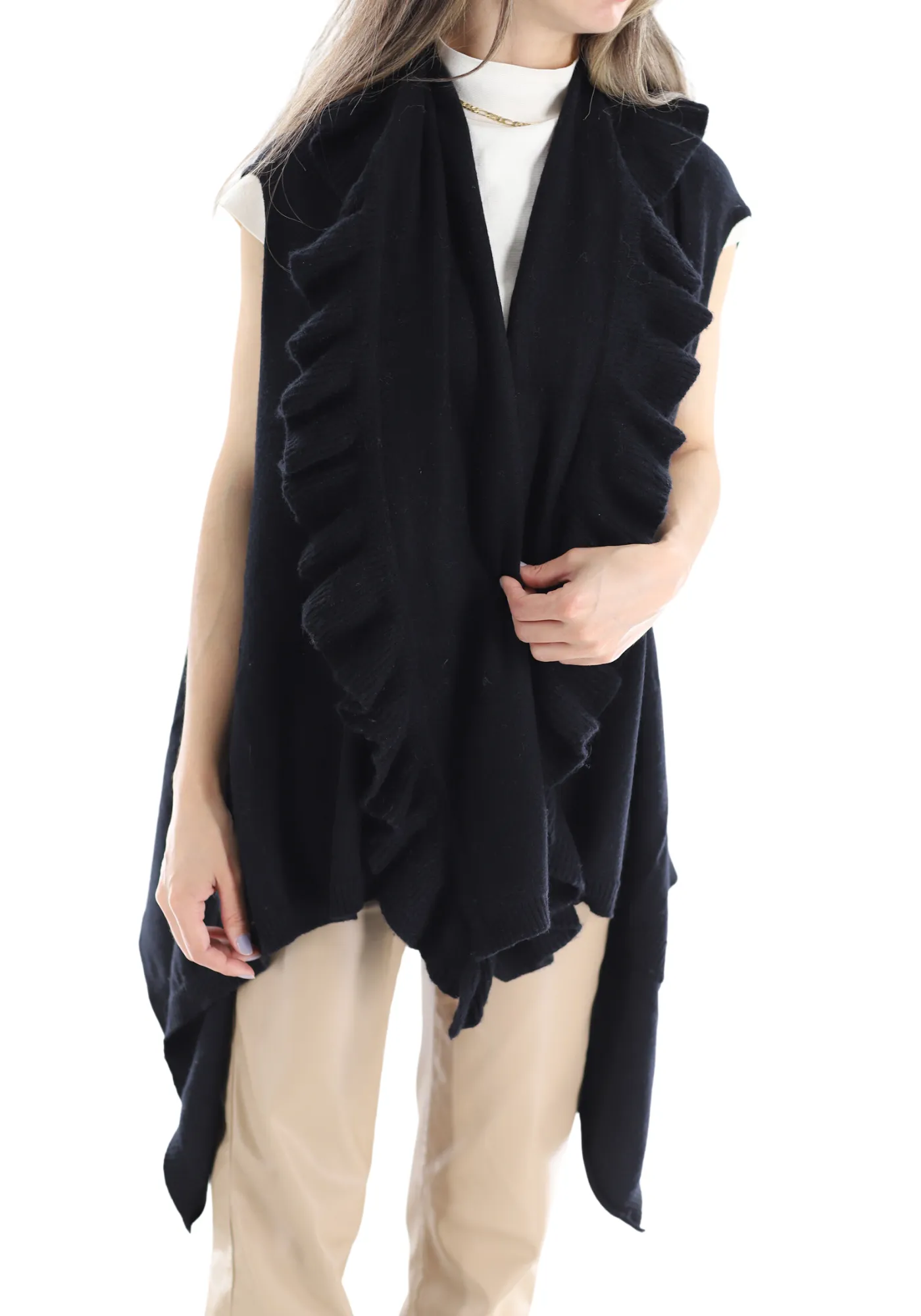 La Fiorentina Knitted Black Vest with Ruffles - Wool/Cashmere Blend - One Size (90 x 146 cm)