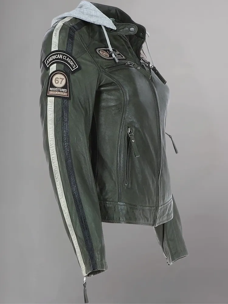 Ladies Casual Pure Dark Green Elegant Leather Jacket