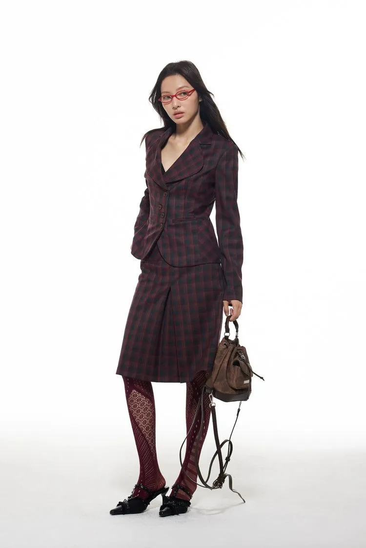 Light Classic Plaid Slim Fit Blazer & Pleated Skirt Set