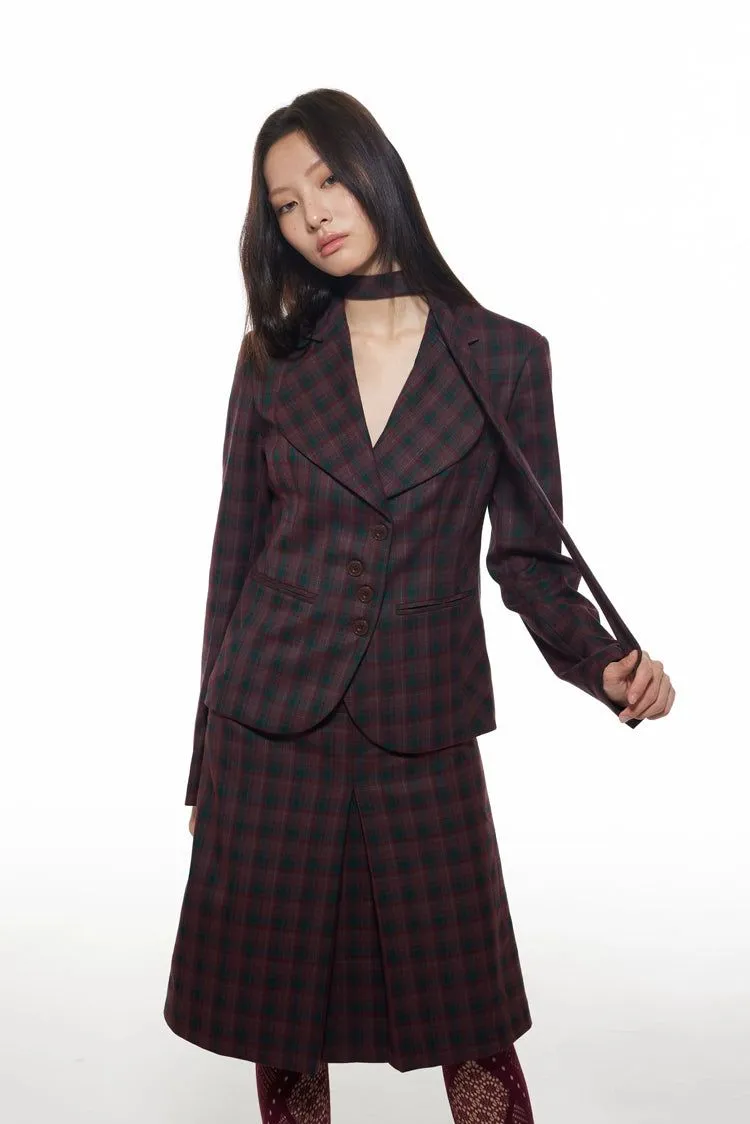 Light Classic Plaid Slim Fit Blazer & Pleated Skirt Set