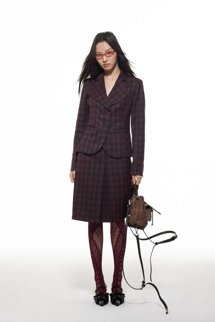 Light Classic Plaid Slim Fit Blazer & Pleated Skirt Set