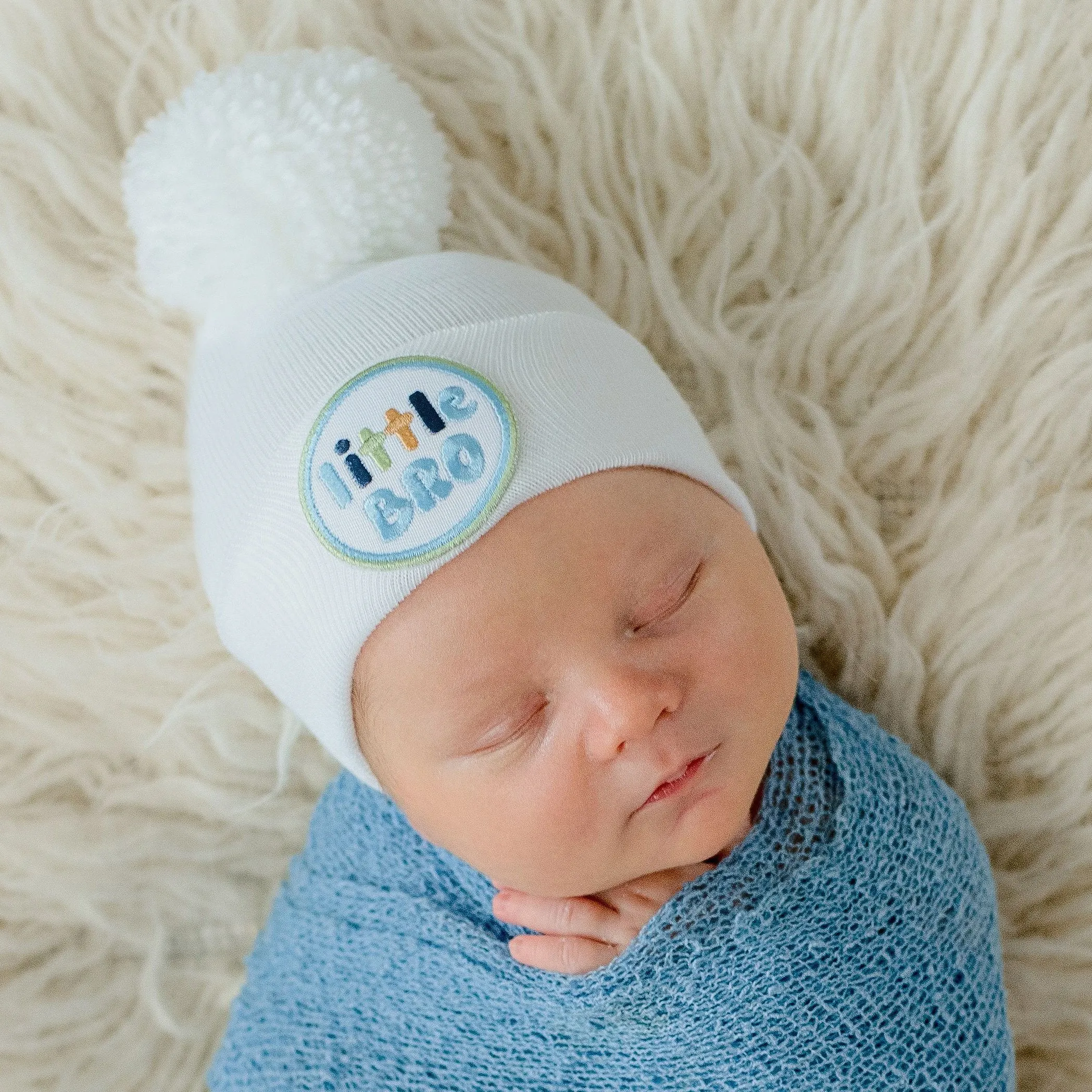 Little Bro Newborn Boy Hospital Beanie Hat with Pom Pom, White or Blue Color, Newborn Hat Infant Hat