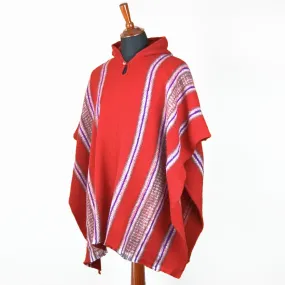 Llama Wool Unisex South American Handwoven Hooded Poncho Pullover - red with stripes pattern