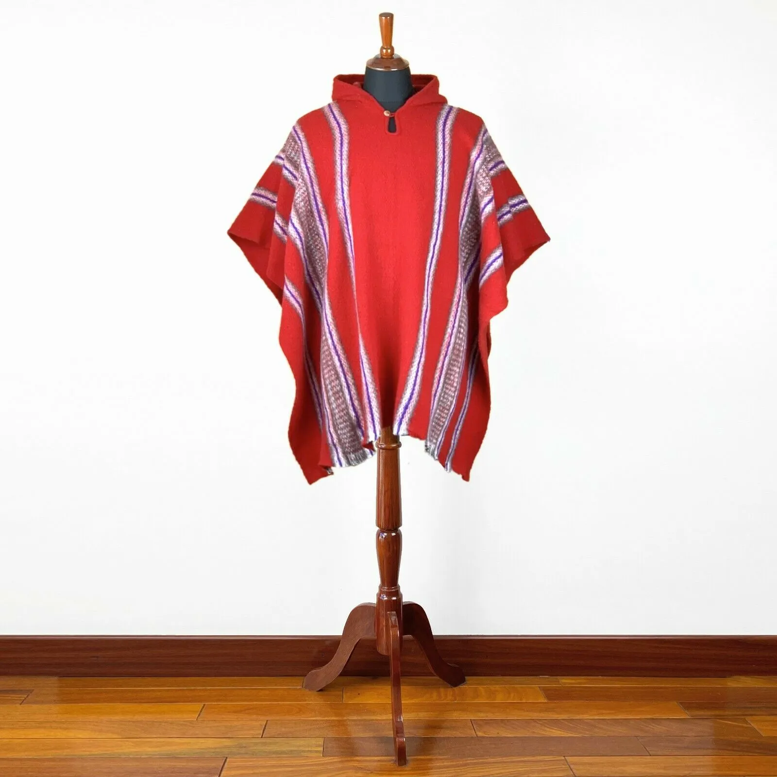 Llama Wool Unisex South American Handwoven Hooded Poncho Pullover - red with stripes pattern