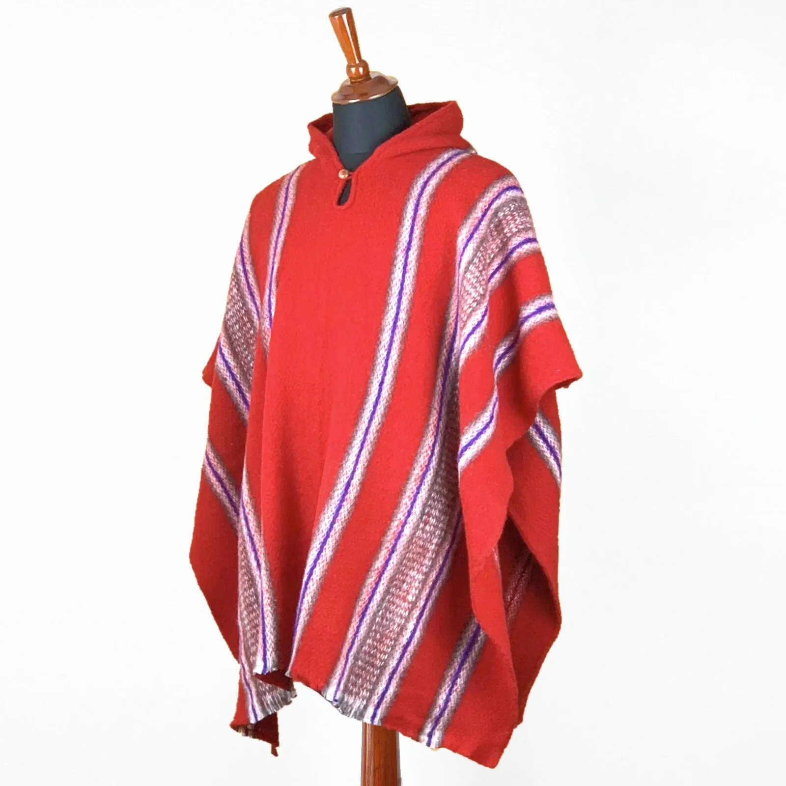 Llama Wool Unisex South American Handwoven Hooded Poncho Pullover - red with stripes pattern