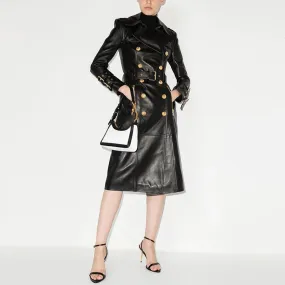 Luxury PU Leather Double Breasted Trench Coat with Belt