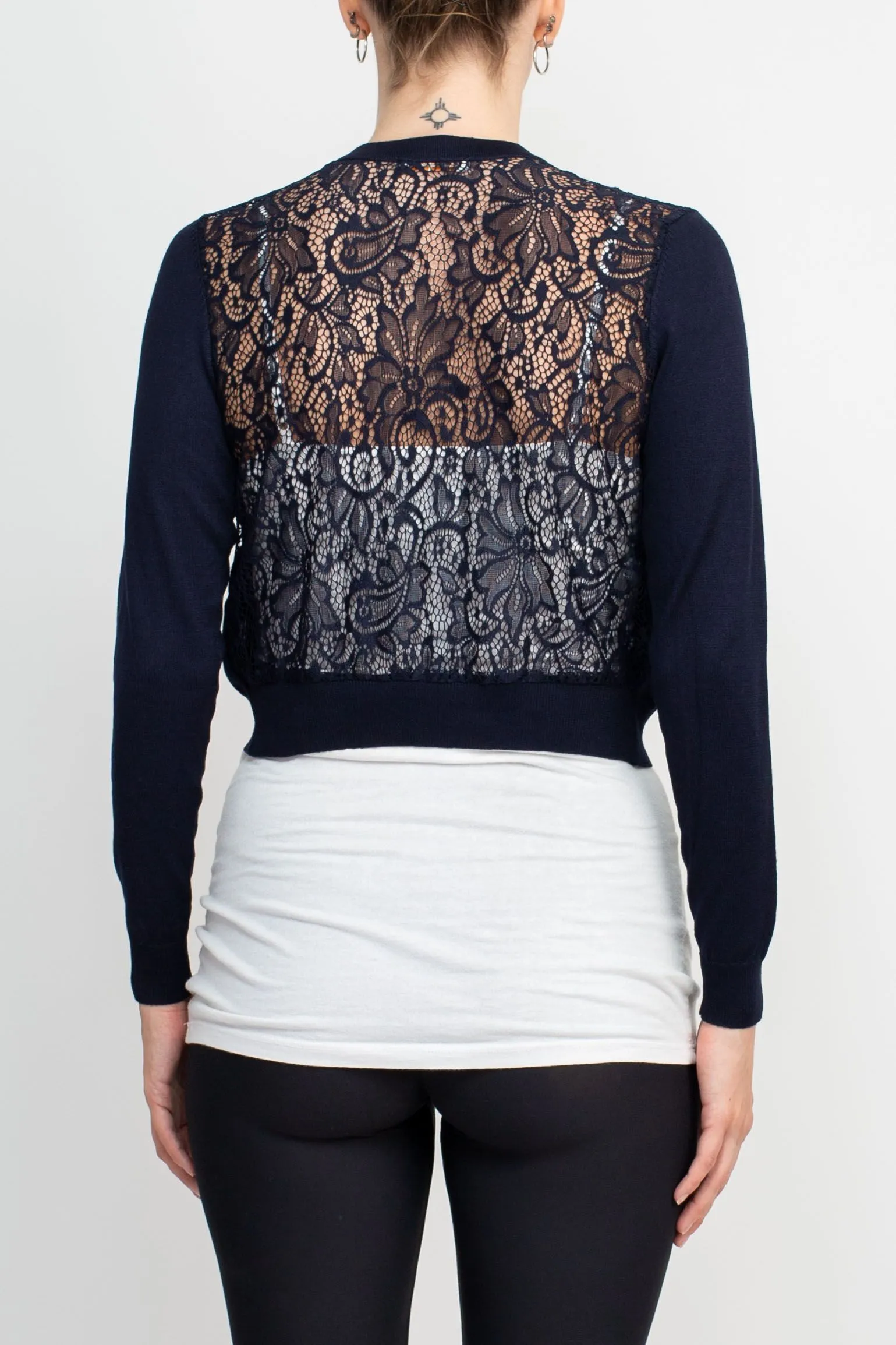 Luxxe Lane Crew Neck Open Front Hook Eye Closure Long Sleeve Lace Back Knit Bolero