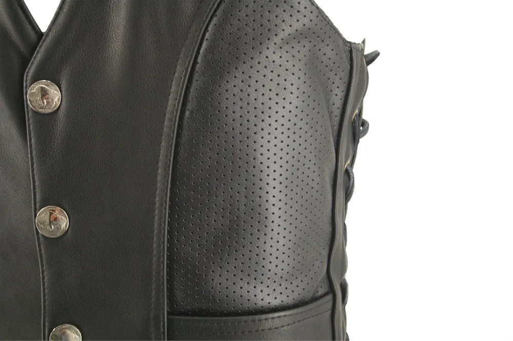 Made in USA Black Semi-Perforated Naked Leather Motorcycle Vest with Gun Pockets Buffalo Nickel Snaps