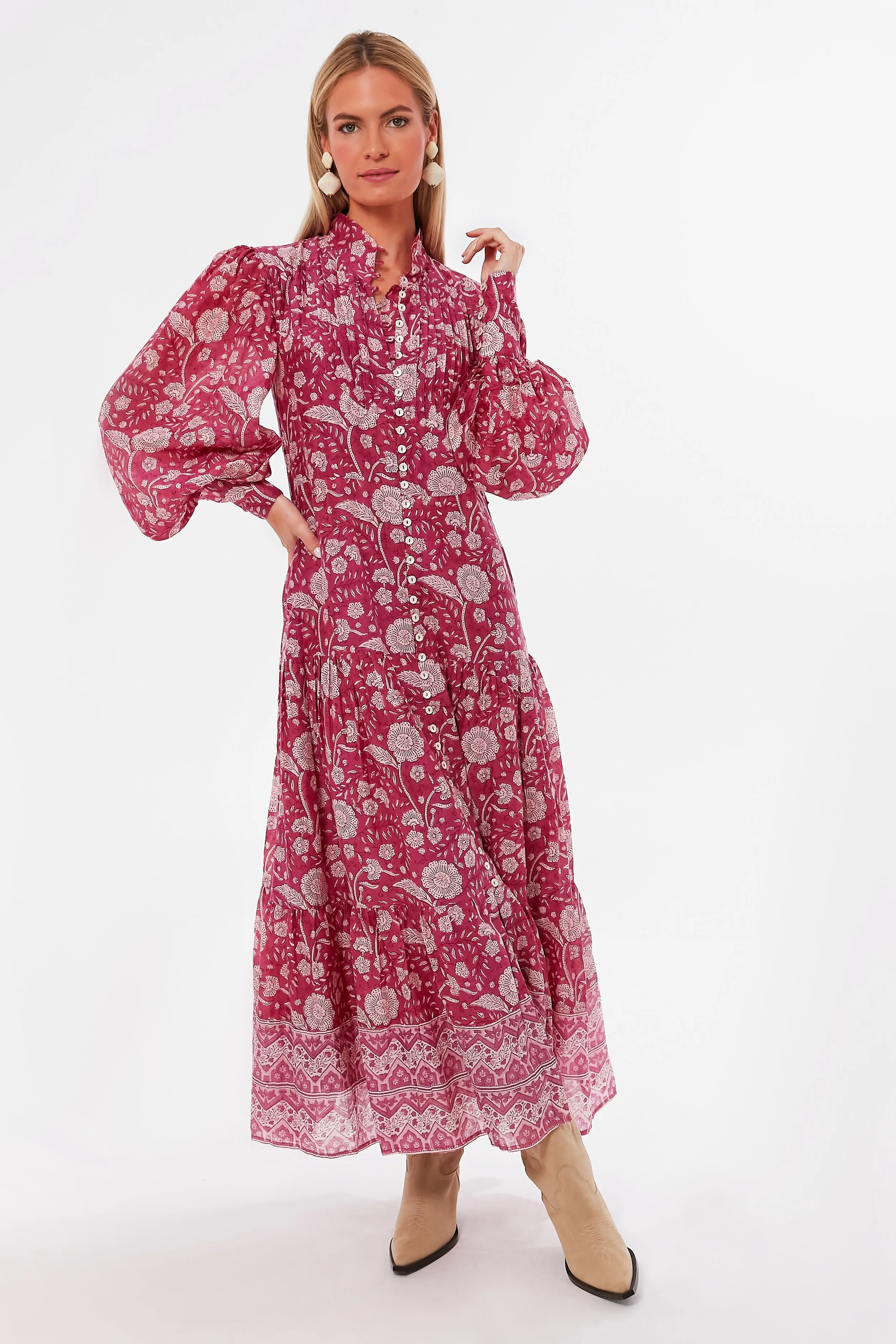 Magenta Mulberry High Neck Button Maxi Dress