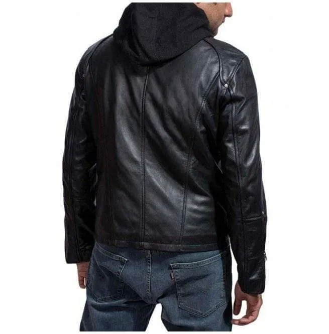 Mansions Damien Collier Black Leather, Men Hooded Leather Jacket