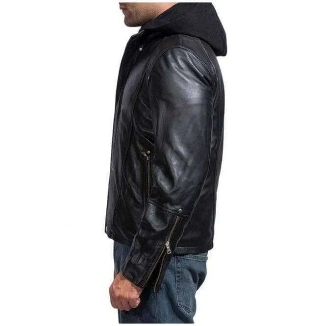 Mansions Damien Collier Black Leather, Men Hooded Leather Jacket