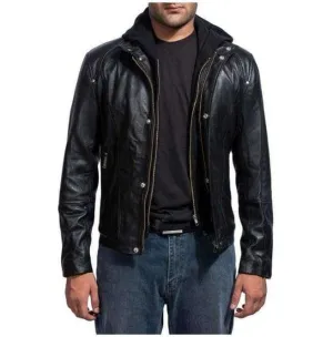 Mansions Damien Collier Black Leather, Men Hooded Leather Jacket