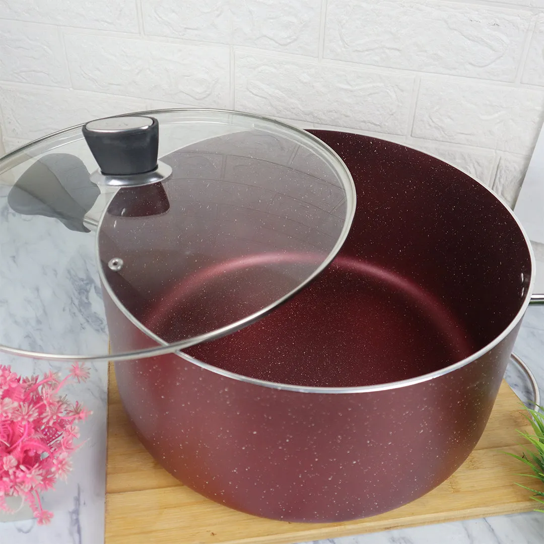 Marble Coated Casserole (Daigchi/Handi/Baigona) with Glass Lid - Maroon