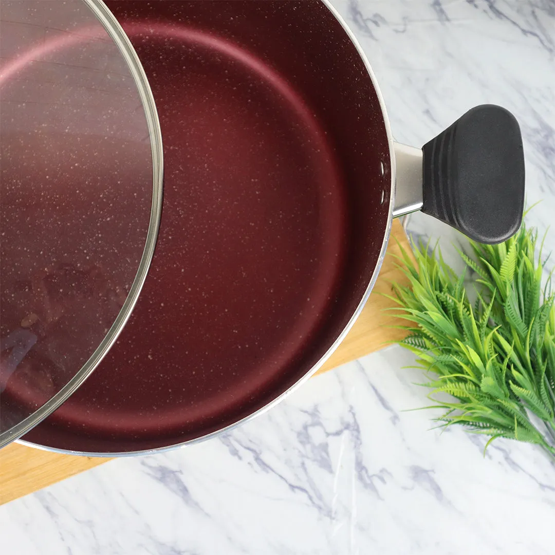 Marble Coated Casserole (Daigchi/Handi/Baigona) with Glass Lid - Maroon