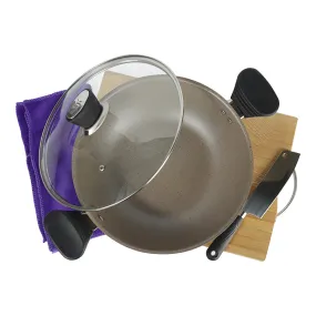 Marble Coated Wok (Karahi) with Glass Lid - Cream