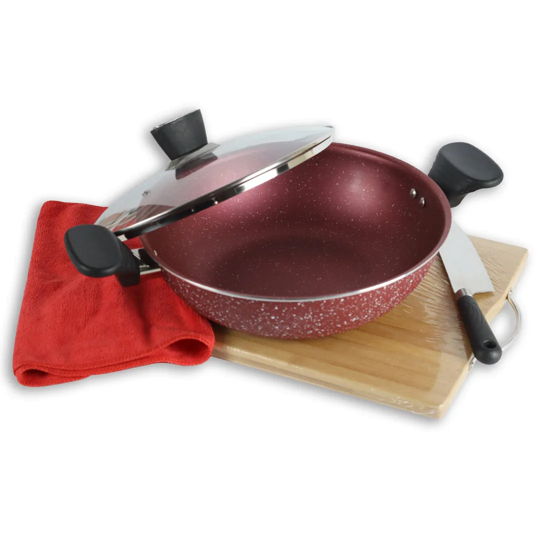 Marble Coated Wok (Karahi) with Glass Lid - Maroon