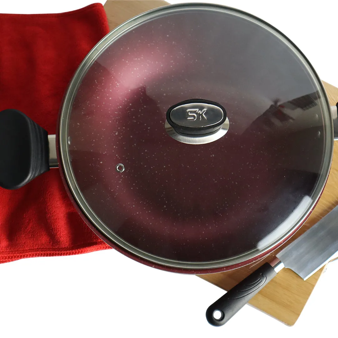 Marble Coated Wok (Karahi) with Glass Lid - Maroon