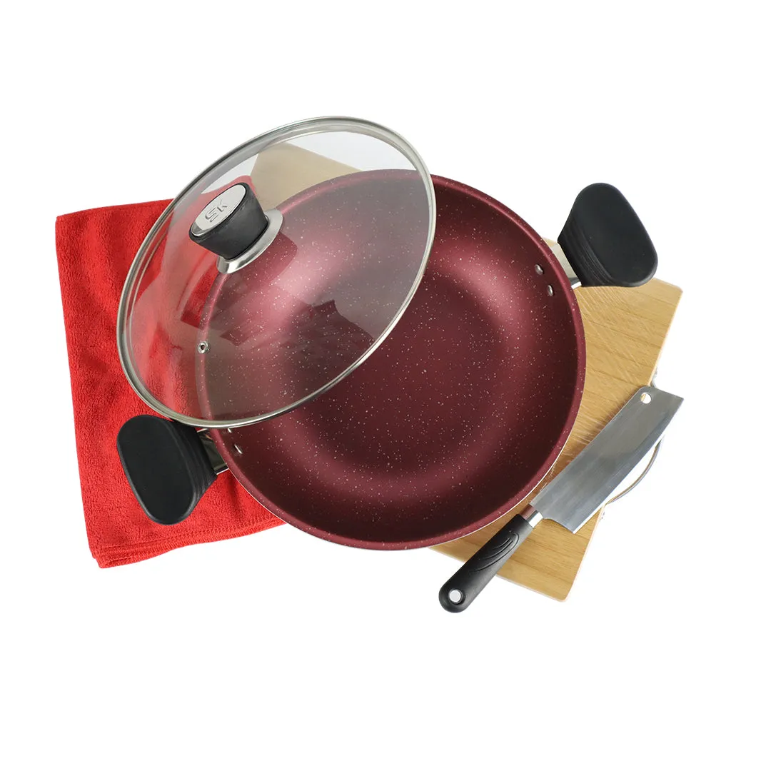 Marble Coated Wok (Karahi) with Glass Lid - Maroon