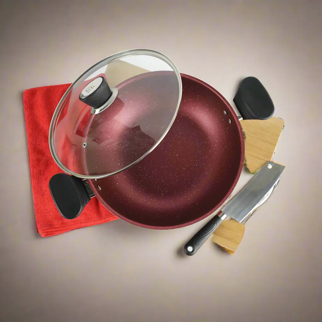 Marble Coated Wok (Karahi) with Glass Lid - Maroon