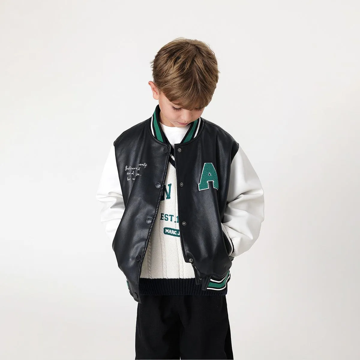 MARC & JANIE Boys Letter Leather Baseball Jacket 231155