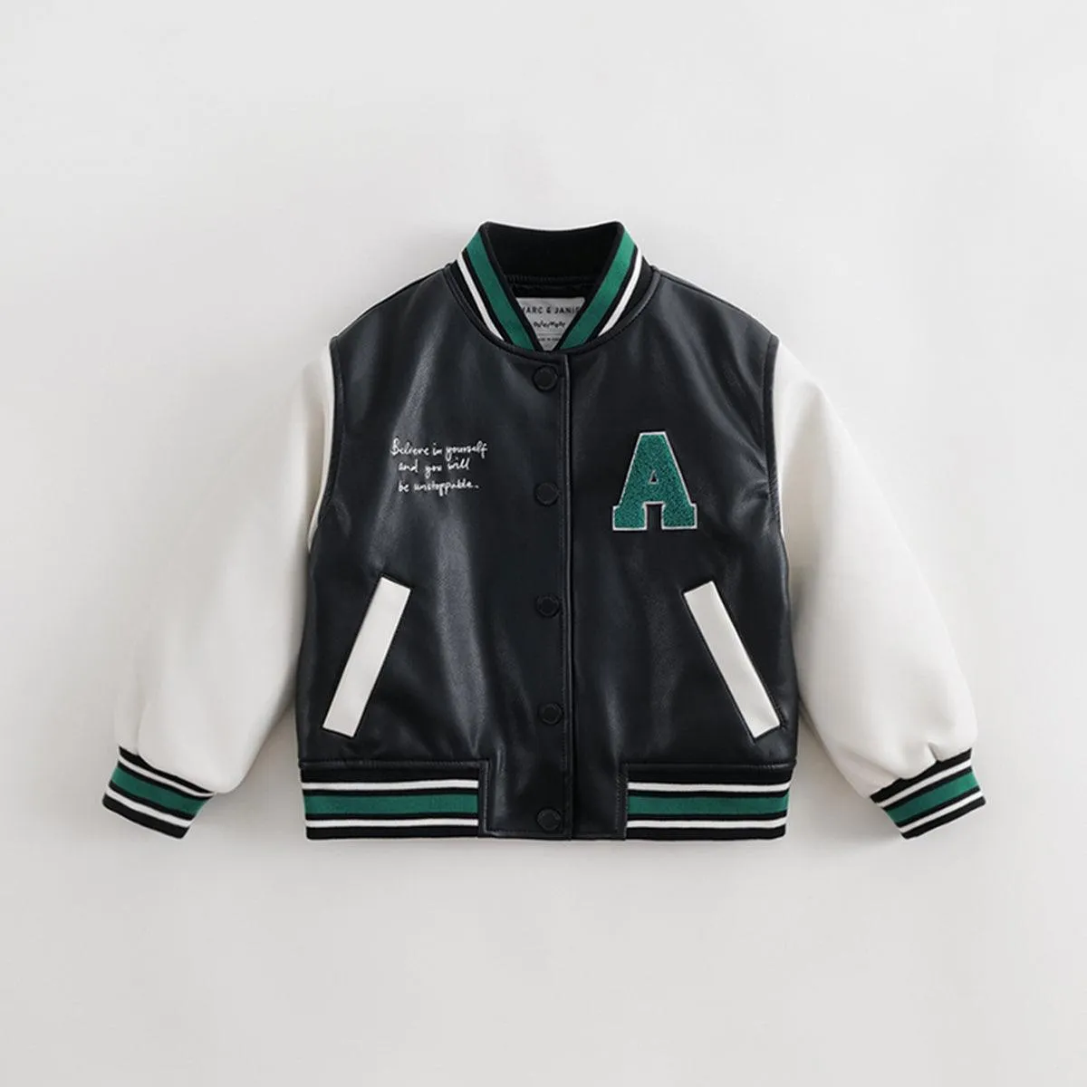 MARC & JANIE Boys Letter Leather Baseball Jacket 231155