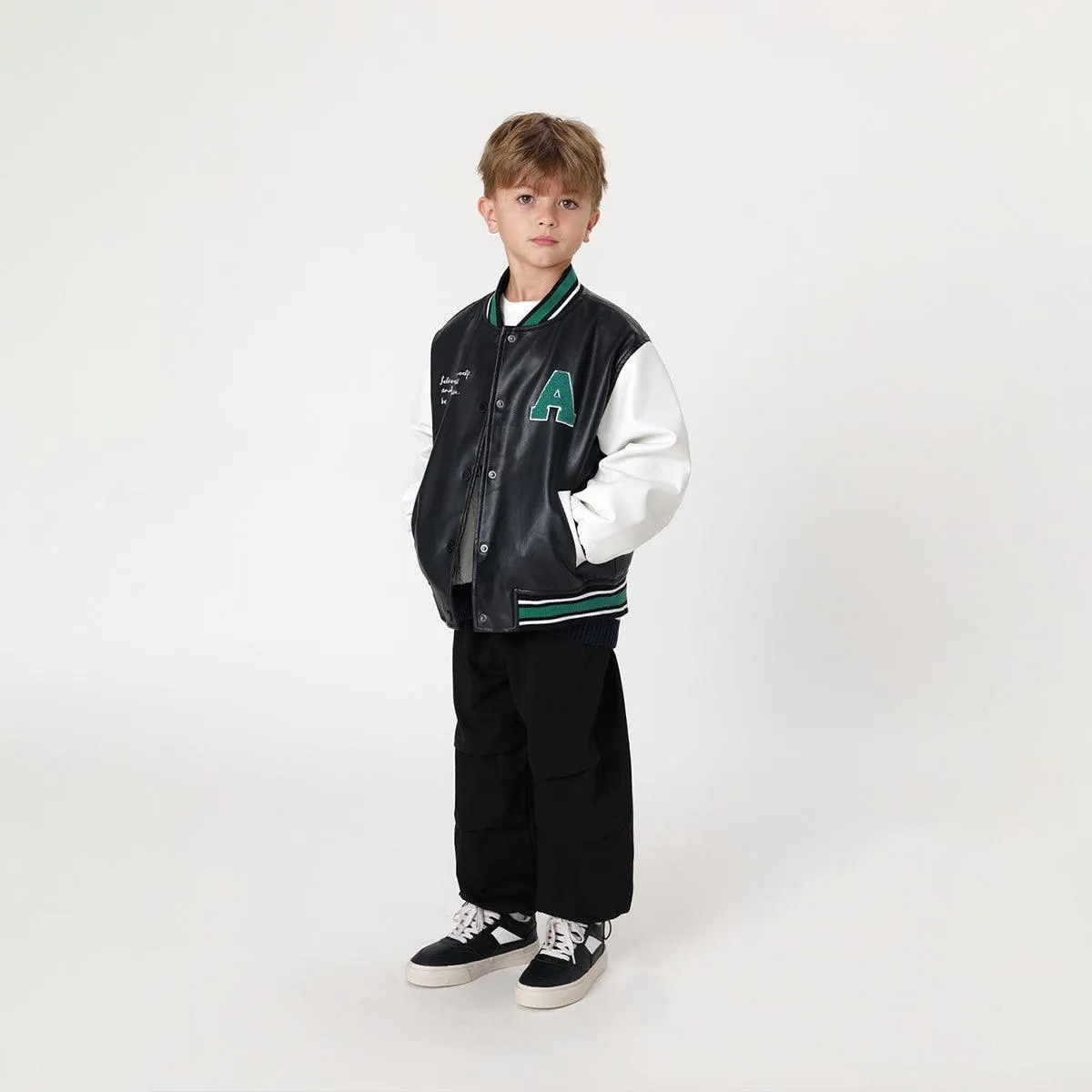 MARC & JANIE Boys Letter Leather Baseball Jacket 231155