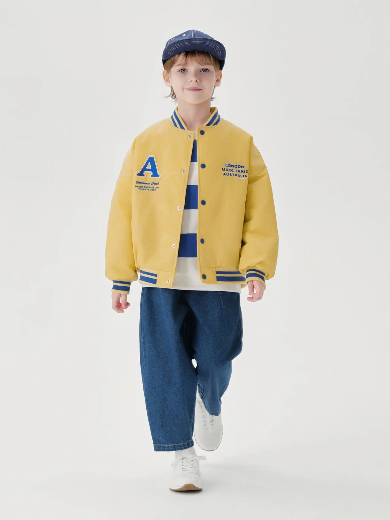 MARC & JANIE Boys Loose Letter Embroidered Baseball Jacket 241190