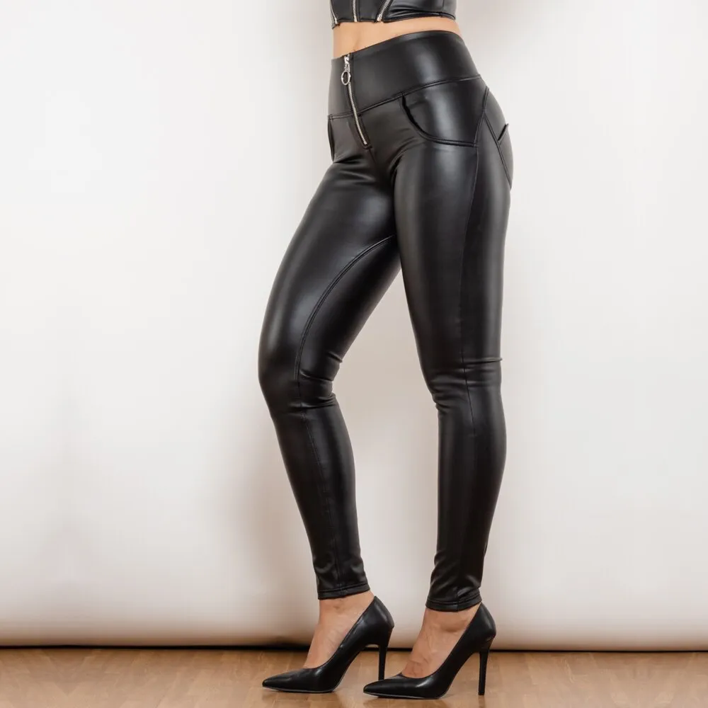 Matt Black Leather High Waist Pants with Ring Zipper