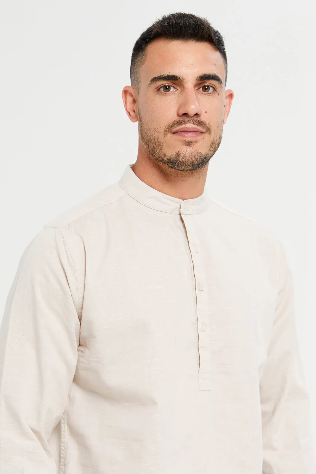 Men Beige Linen Blend Henley Collar Shirt