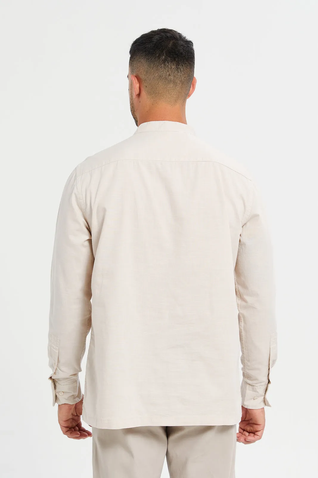 Men Beige Linen Blend Henley Collar Shirt