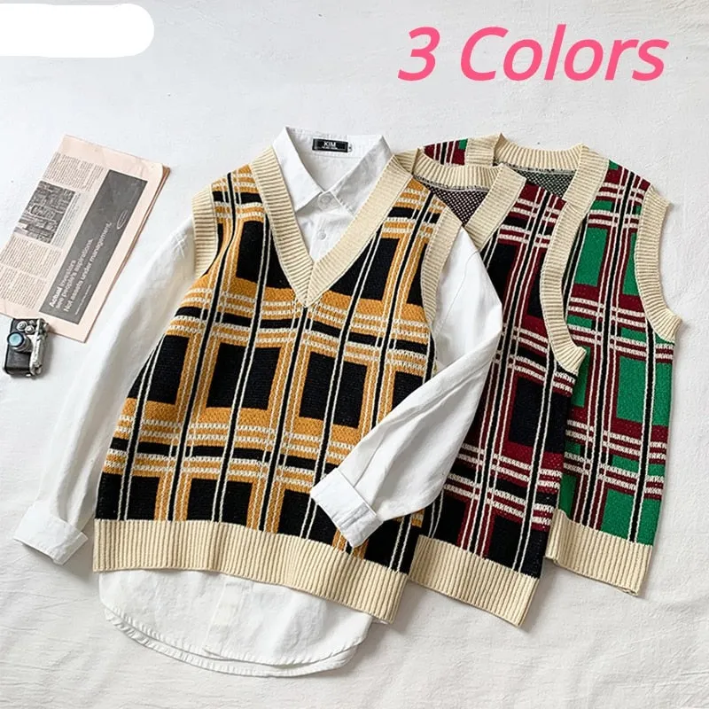 Men Sweater Vests Plaid Paneled Oversize Harajuku Casual Male Sleeveless Knitwear V-neck Loose Mens Wool Vest High Quality New