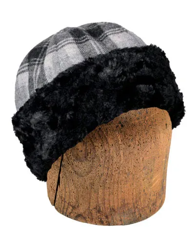 Men's Beanie Hat, Structured - Wool Plaid in Twilight with Cuddly Black Faux Fur (Only Two Left!)