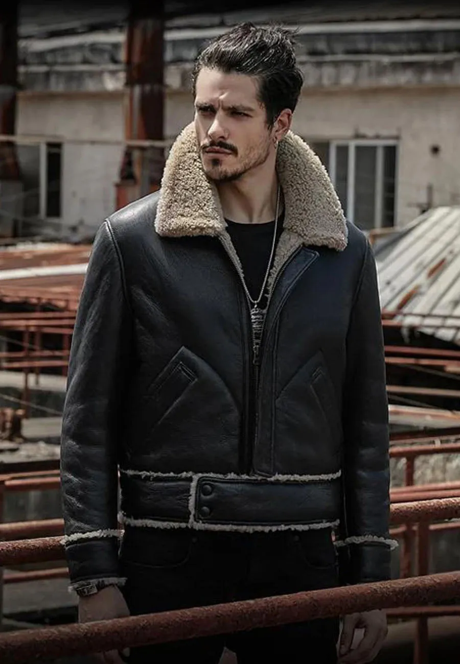 Men's Black Motorcycle Shearling Jacket