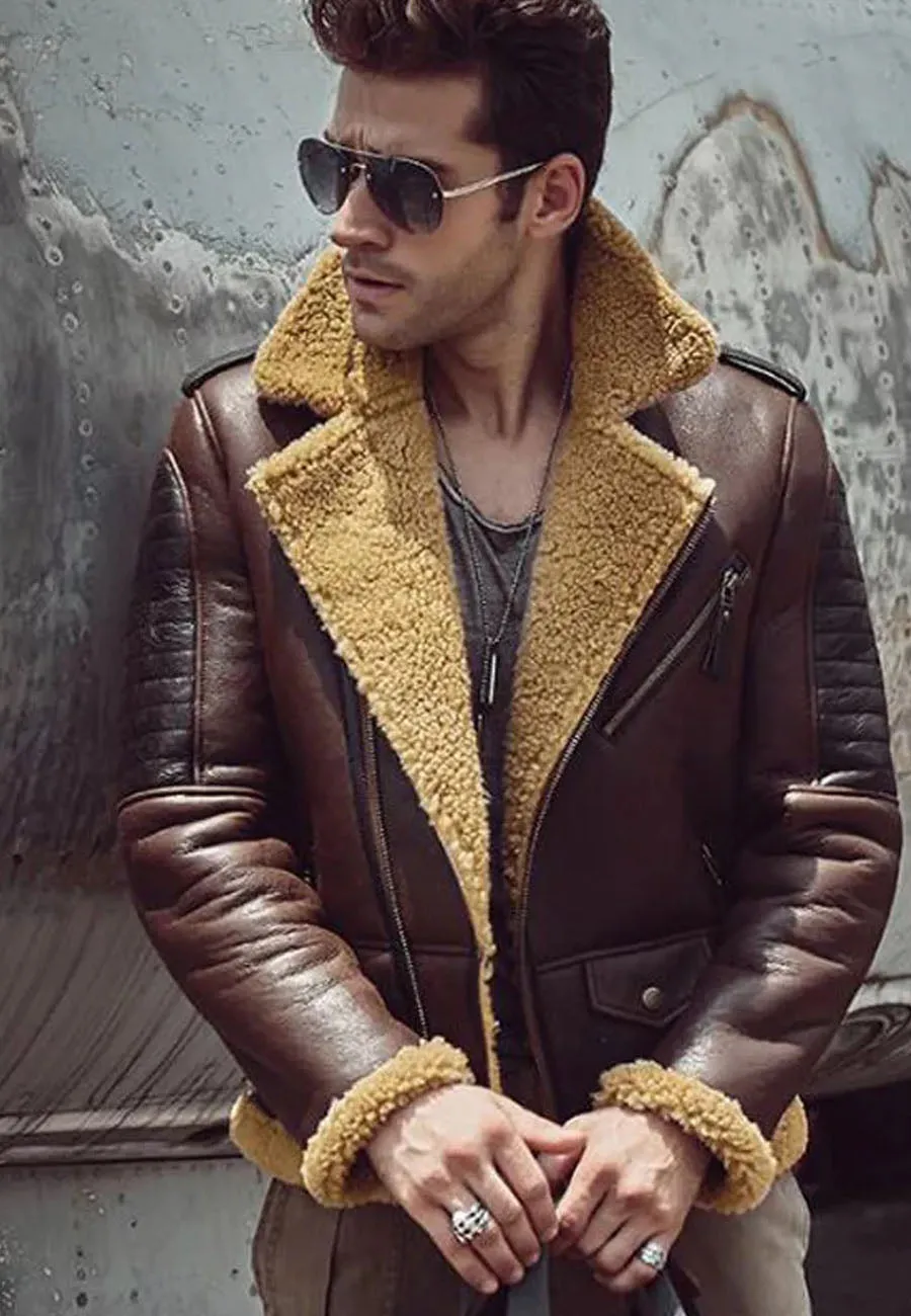 Men’s Camel Color Leather Shearling Jacket