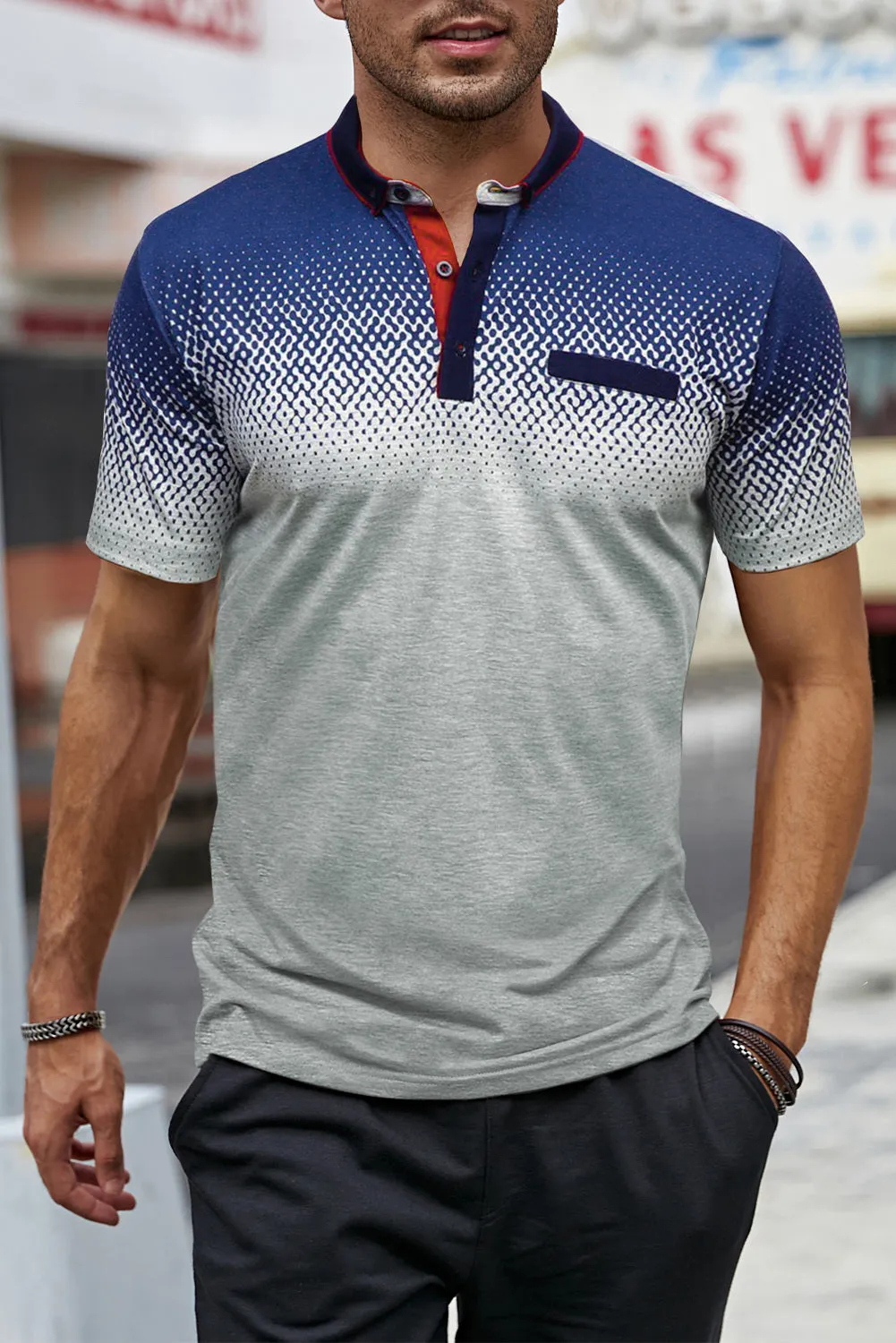 Men's Gradient Color Short Sleeve Henley T-shirt