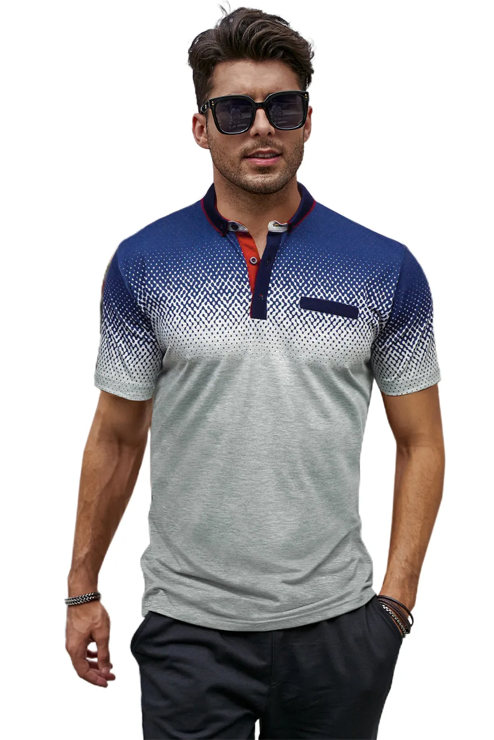 Men's Gradient Color Short Sleeve Henley T-shirt