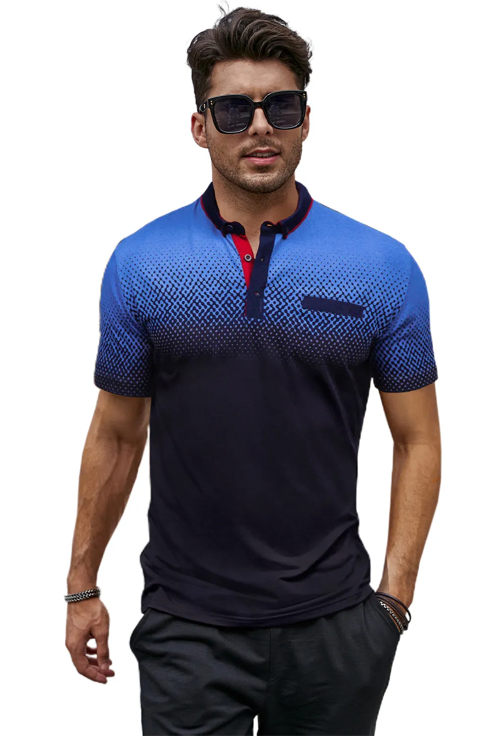 Men's Gradient Color Short Sleeve Henley T-shirt