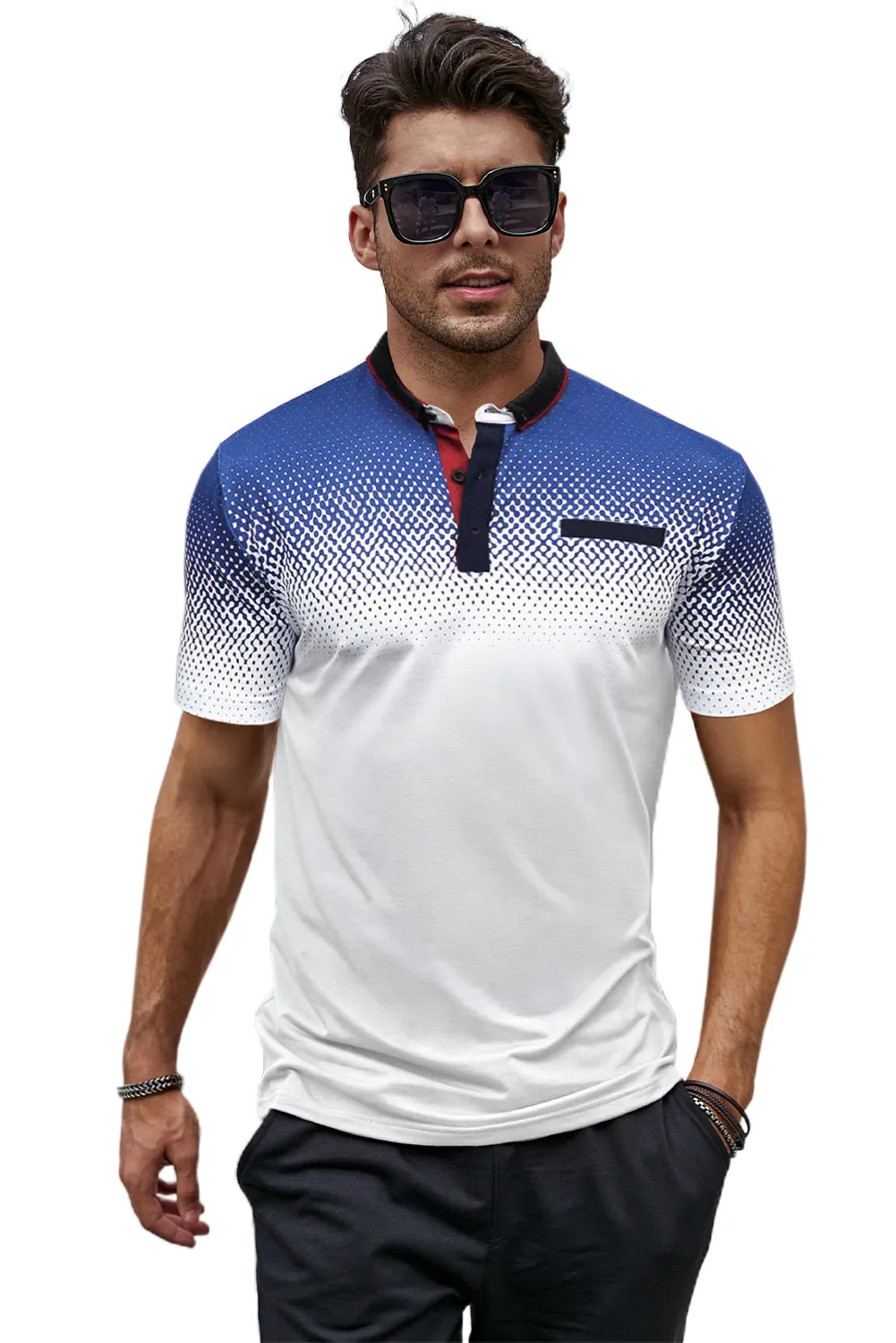 Men's Gradient Color Short Sleeve Henley T-shirt