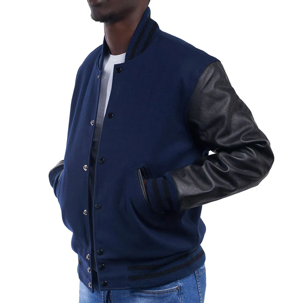 Mens Royal Blue And Black Leather Varsity Jacket