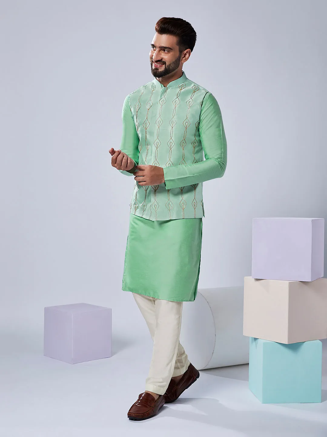 Men's Sea Green Kurta Jacket Trouser Set